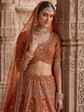 Classic Rust Orange Thread Embroidery Silk Bridal Lehenga Choli With Double Dupatta