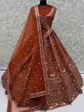 Classic Rust Orange Thread Embroidery Silk Bridal Lehenga Choli With Double Dupatta