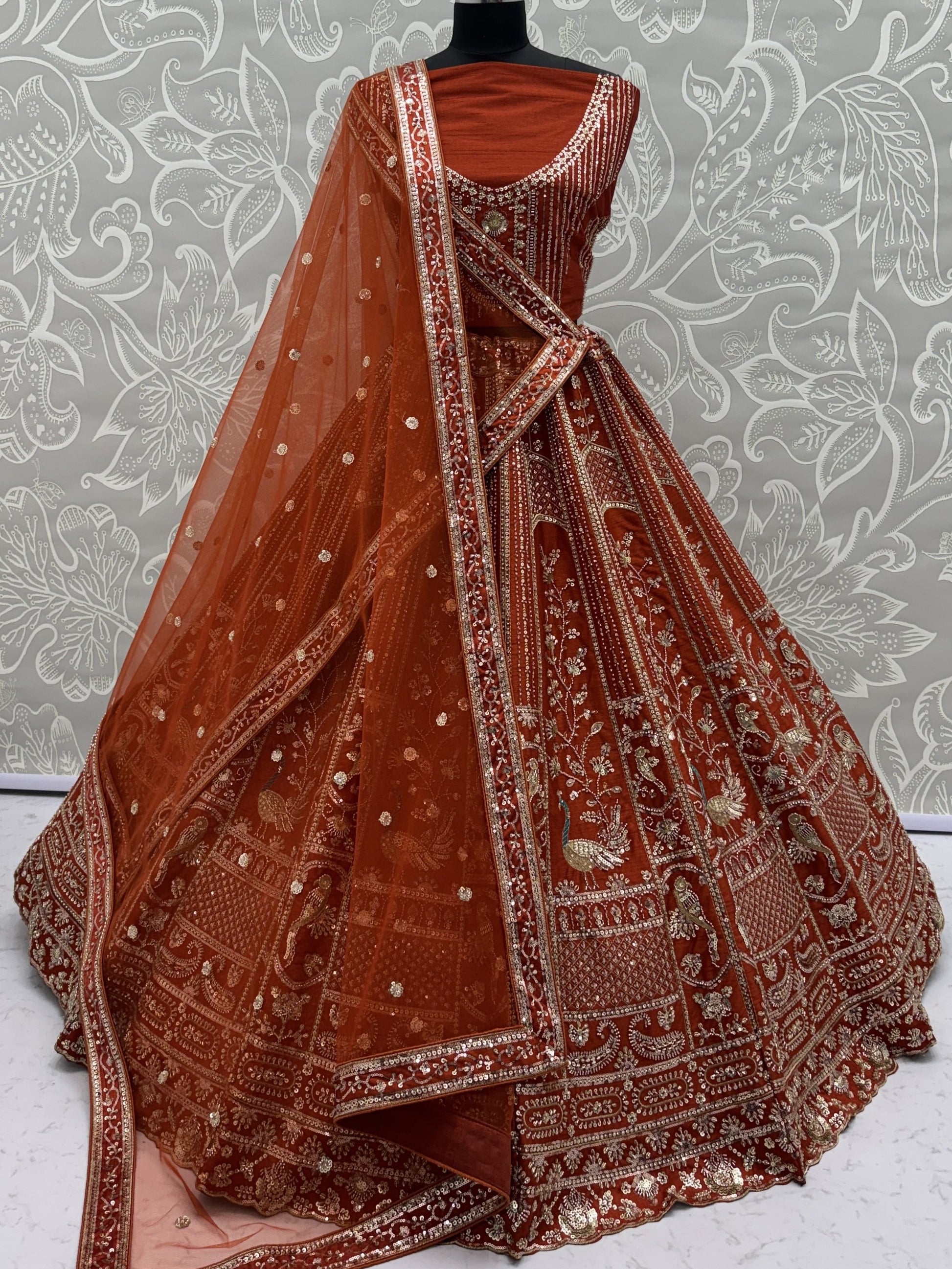 Classic Rust Orange Thread Embroidery Silk Bridal Lehenga Choli With Double Dupatta