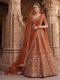 Classic Rust Orange Thread Embroidery Silk Bridal Lehenga Choli With Double Dupatta