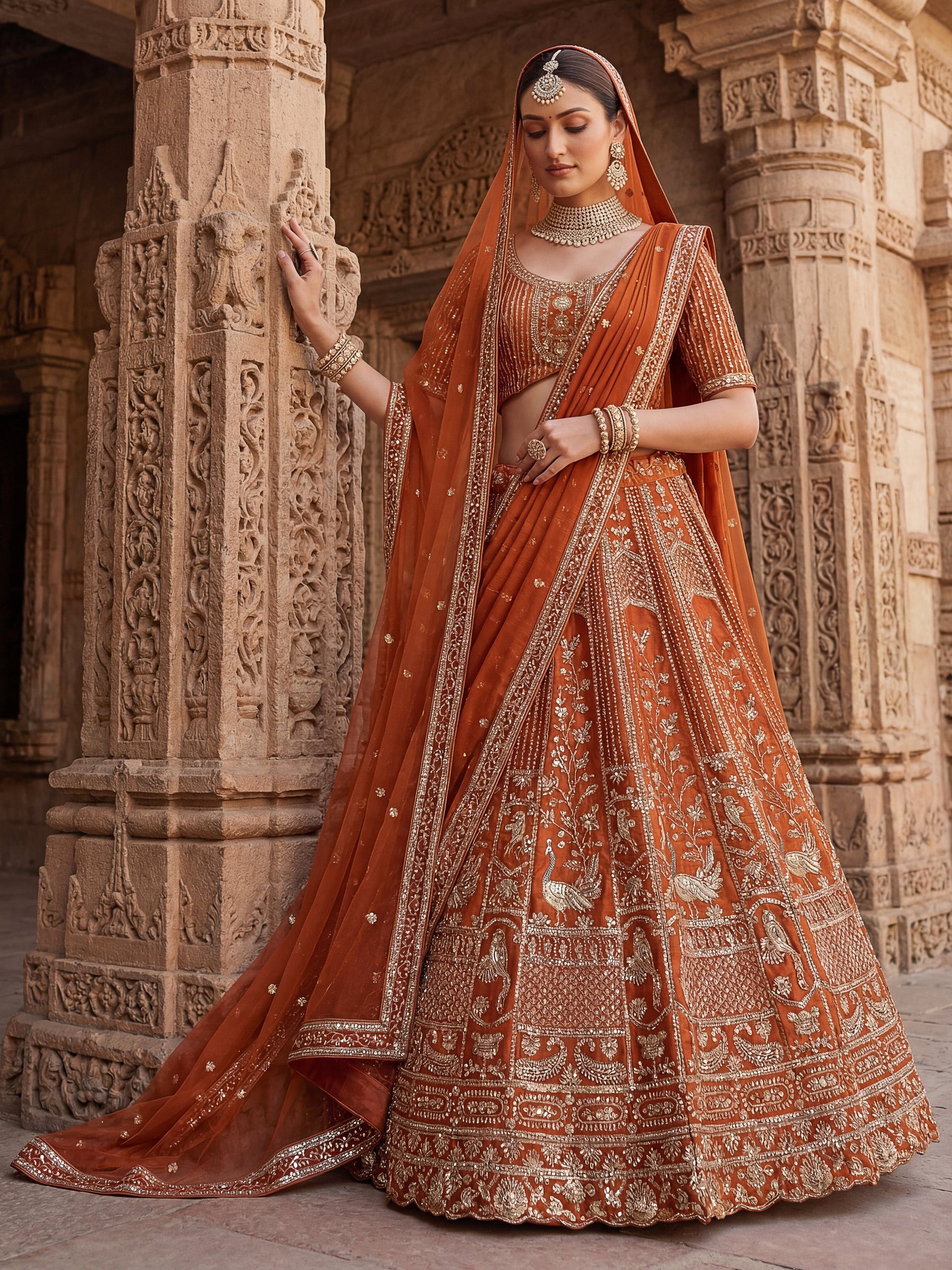 Classic Rust Orange Thread Embroidery Silk Bridal Lehenga Choli With Double Dupatta