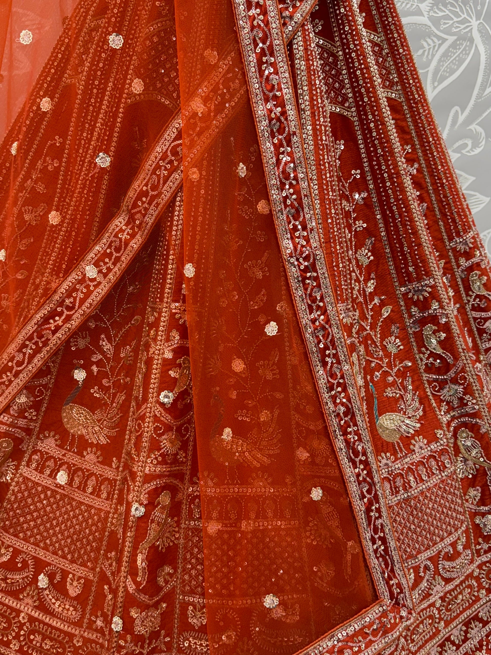 Classic Rust Orange Thread Embroidery Silk Bridal Lehenga Choli With Double Dupatta