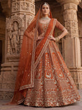 Classic Rust Orange Thread Embroidery Silk Bridal Lehenga Choli With Double Dupatta