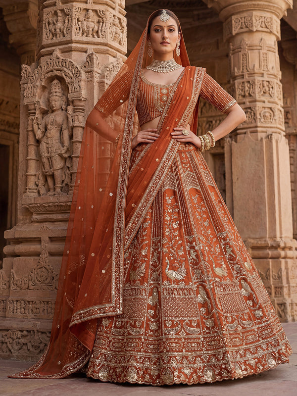 Classic Rust Orange Thread Embroidery Silk Bridal Lehenga Choli With Double Dupatta