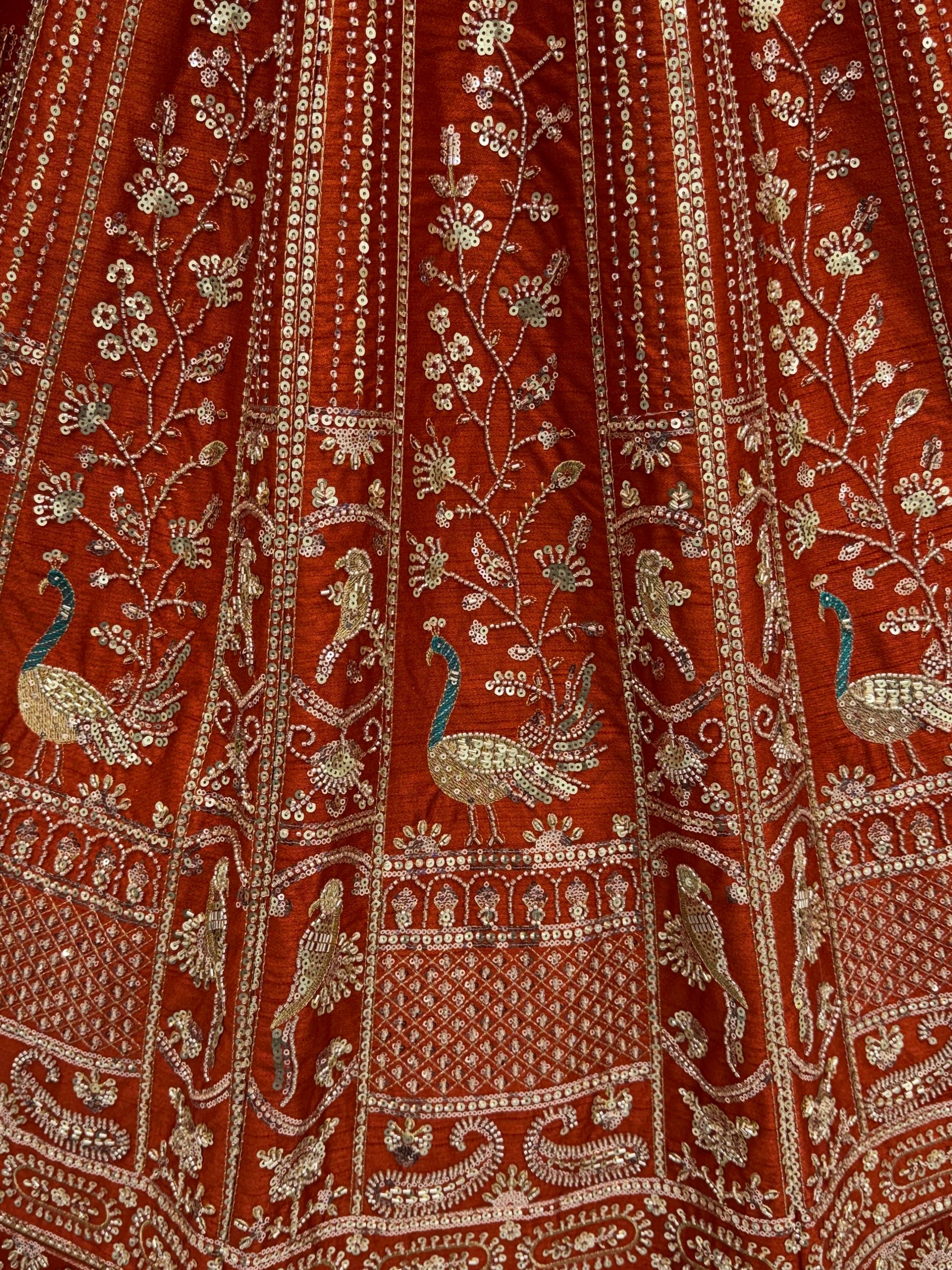 Classic Rust Orange Thread Embroidery Silk Bridal Lehenga Choli With Double Dupatta