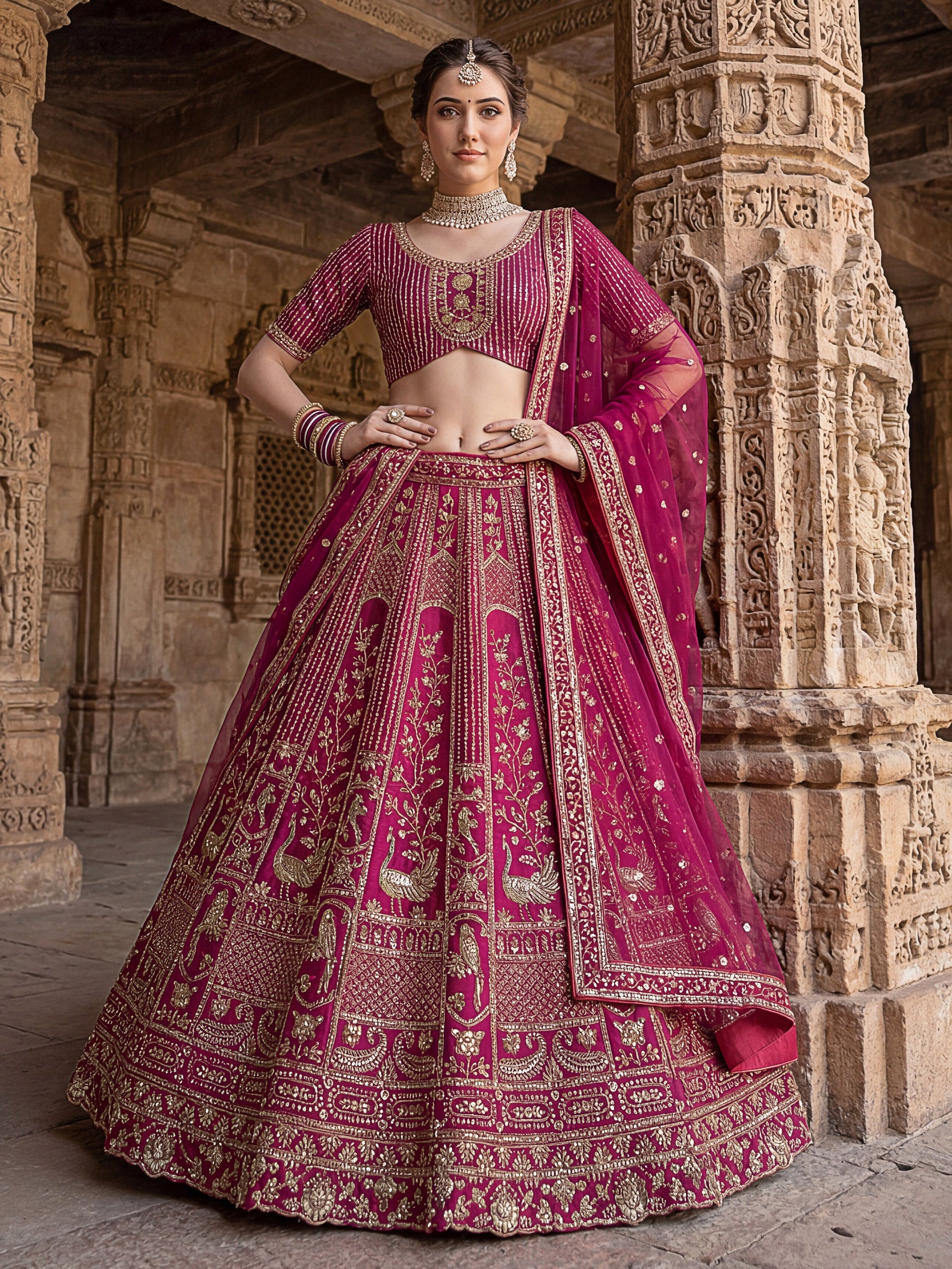 Gorgeous Pink Dori Embroidered Silk Bridal Lehenga Choli With Double Dupatta