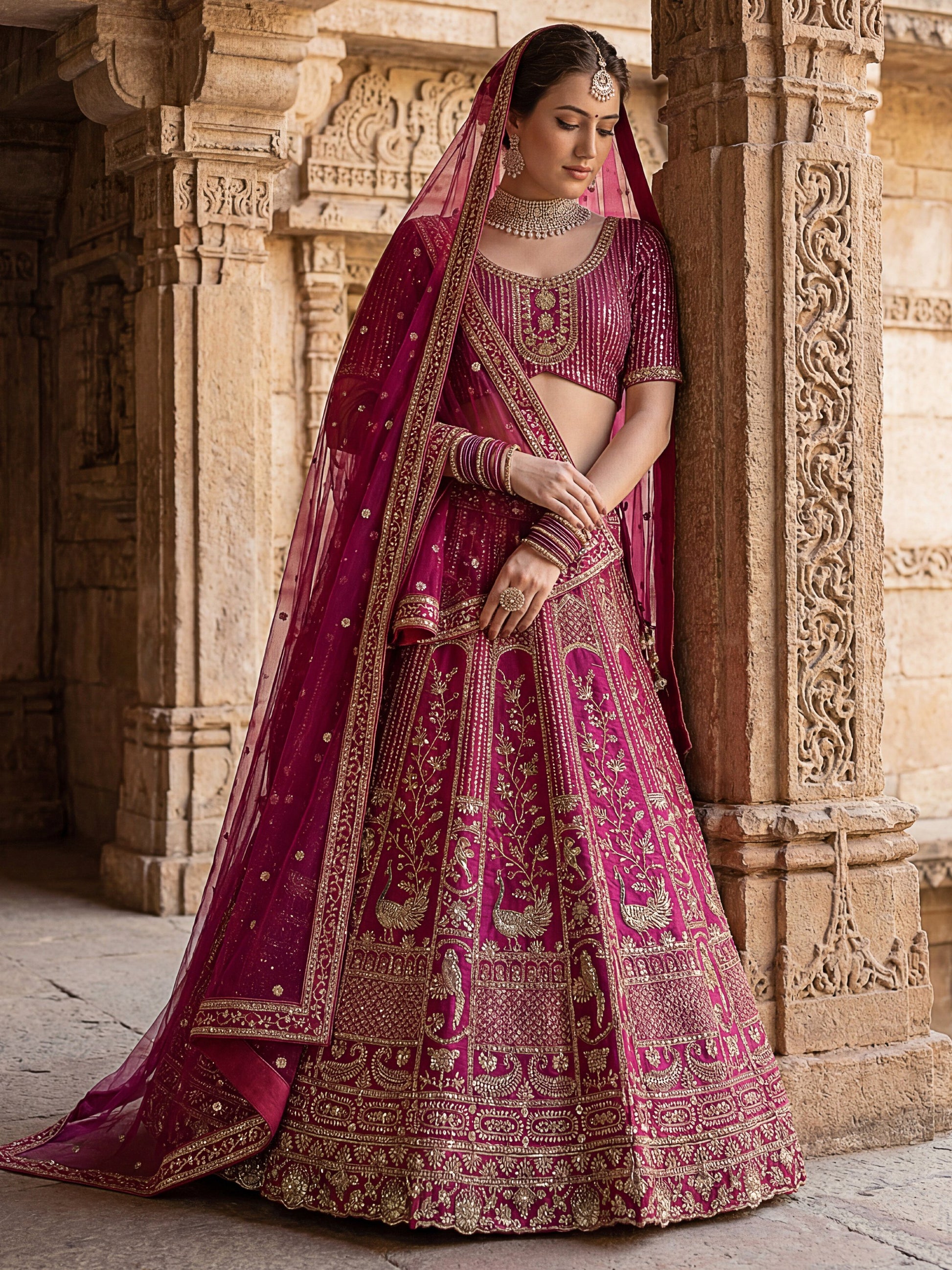 Gorgeous Pink Dori Embroidered Silk Bridal Lehenga Choli With Double Dupatta