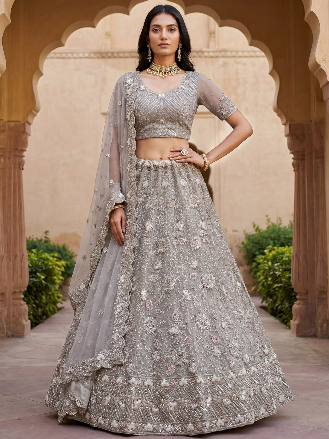 Sparkling Grey Multi-Thread Embroidery Net Bridesmaids Lehenga Choli