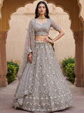 Sparkling Grey Multi-Thread Embroidery Net Bridesmaids Lehenga Choli