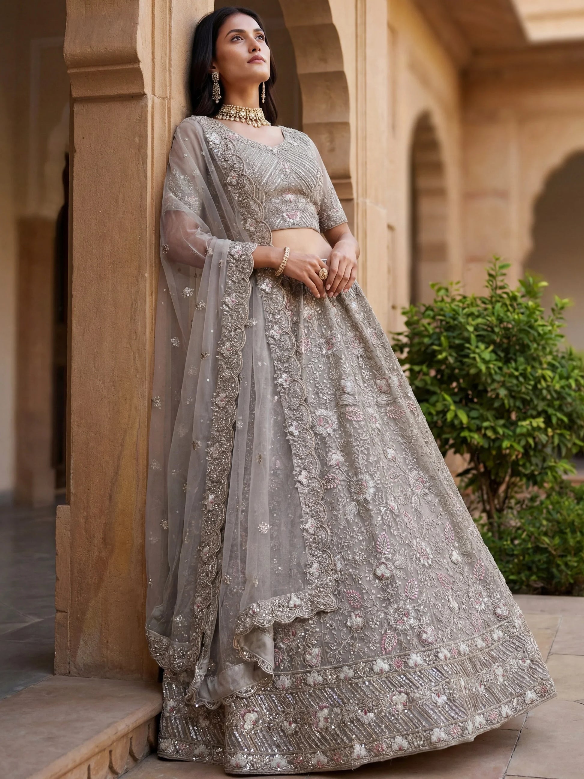 Sparkling Grey Multi-Thread Embroidery Net Bridesmaids Lehenga Choli