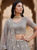 Sparkling Grey Multi-Thread Embroidery Net Bridesmaids Lehenga Choli