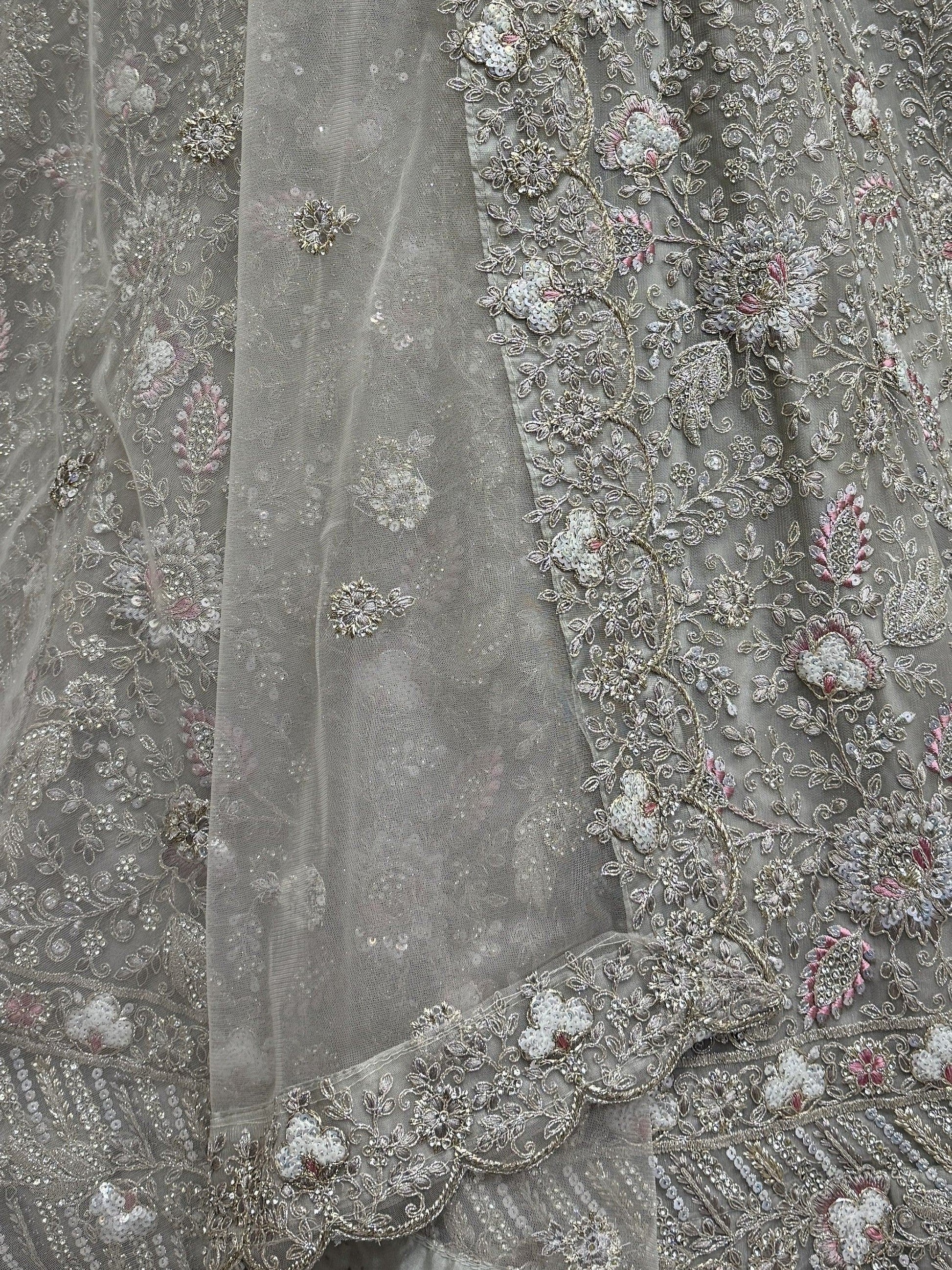 Sparkling Grey Multi-Thread Embroidery Net Bridesmaids Lehenga Choli