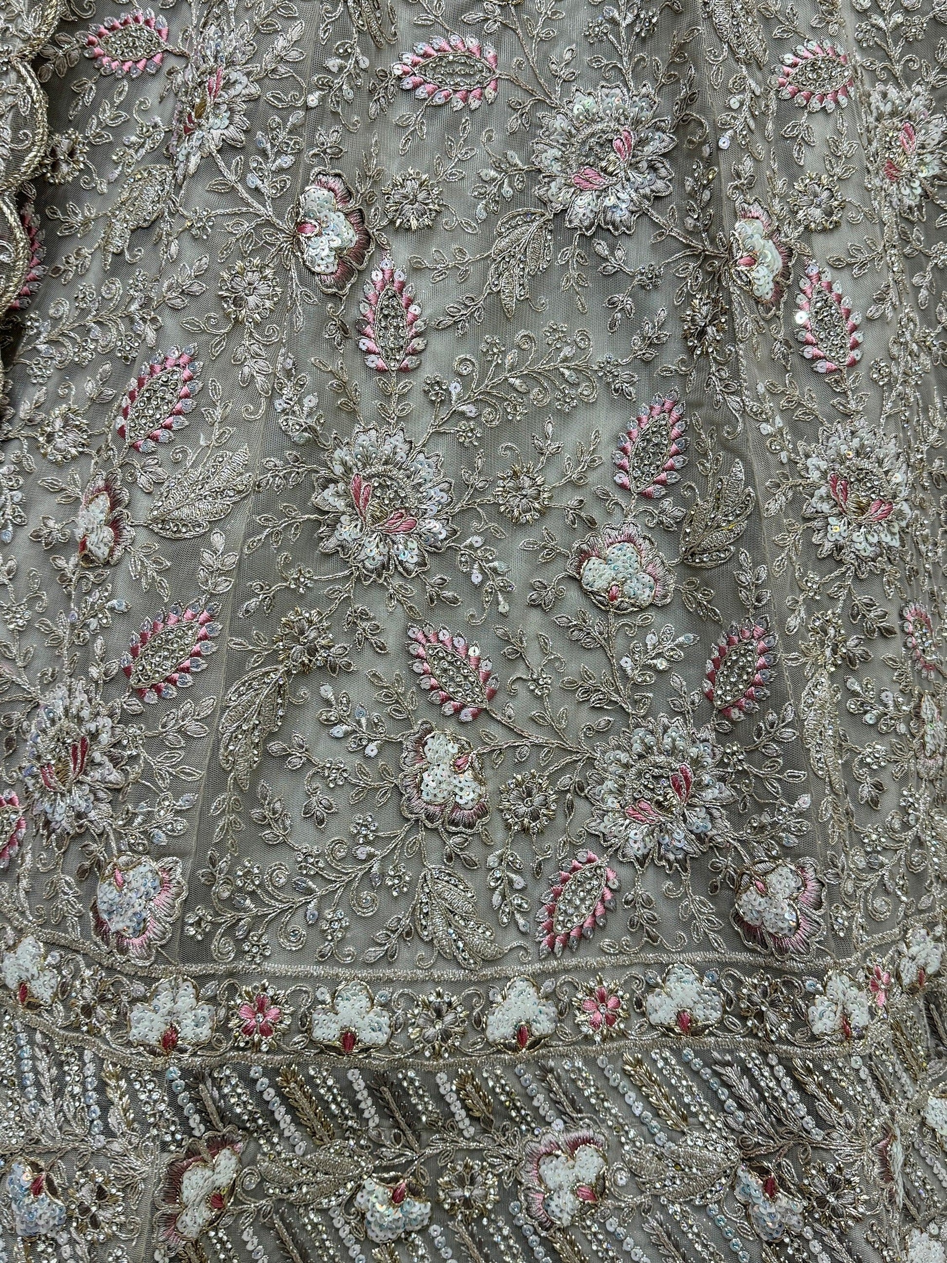 Sparkling Grey Multi-Thread Embroidery Net Bridesmaids Lehenga Choli