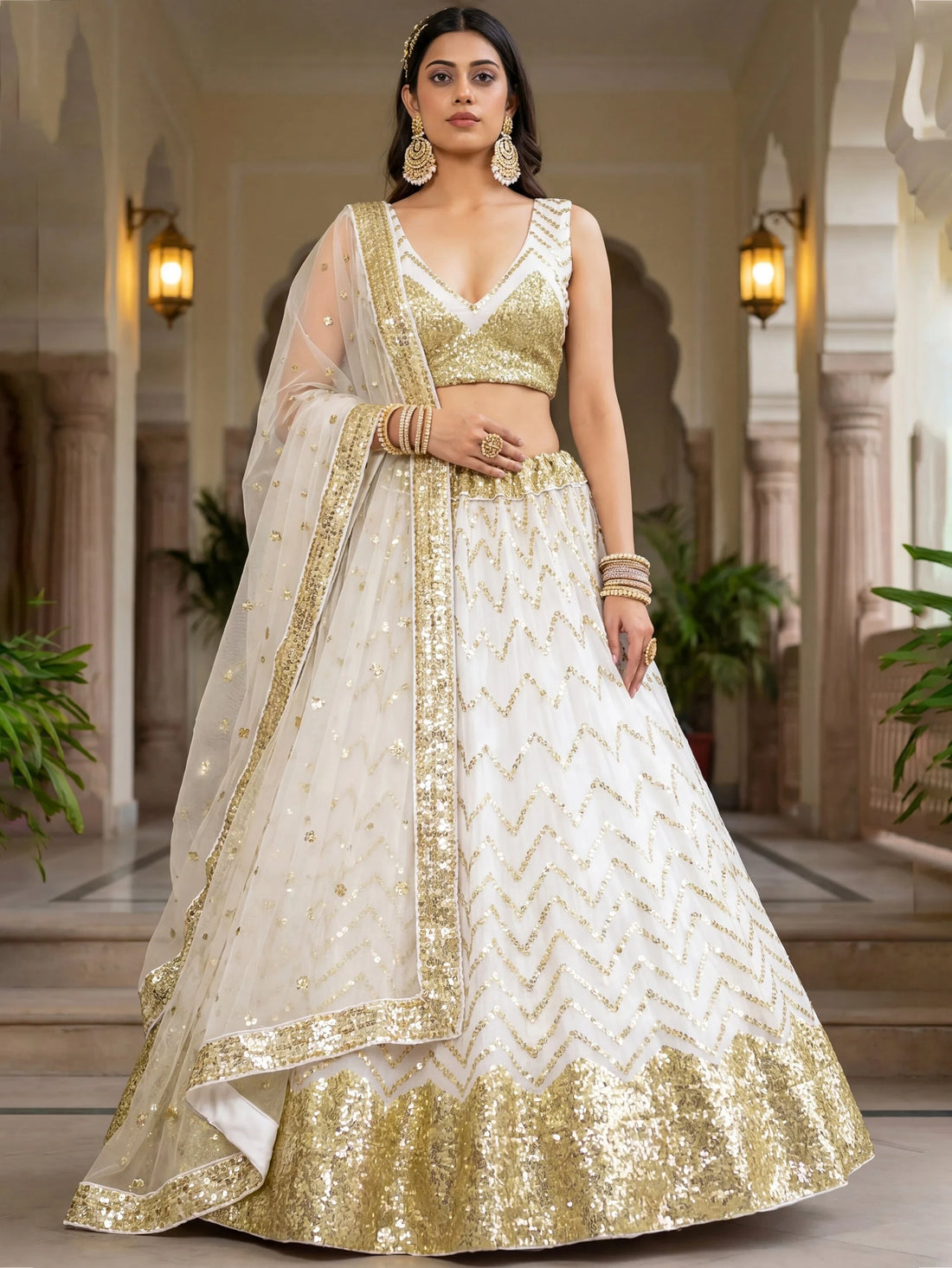Dazzling White Zari Embroidery Net Festive Wear Lehenga Choli With Dupatta