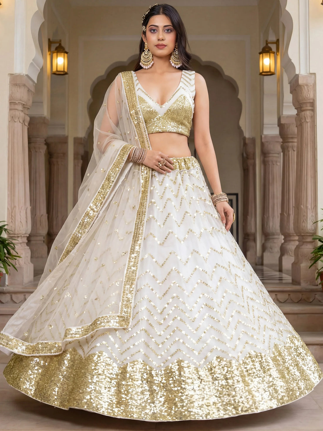 Dazzling White Zari Embroidery Net Festive Wear Lehenga Choli With Dupatta