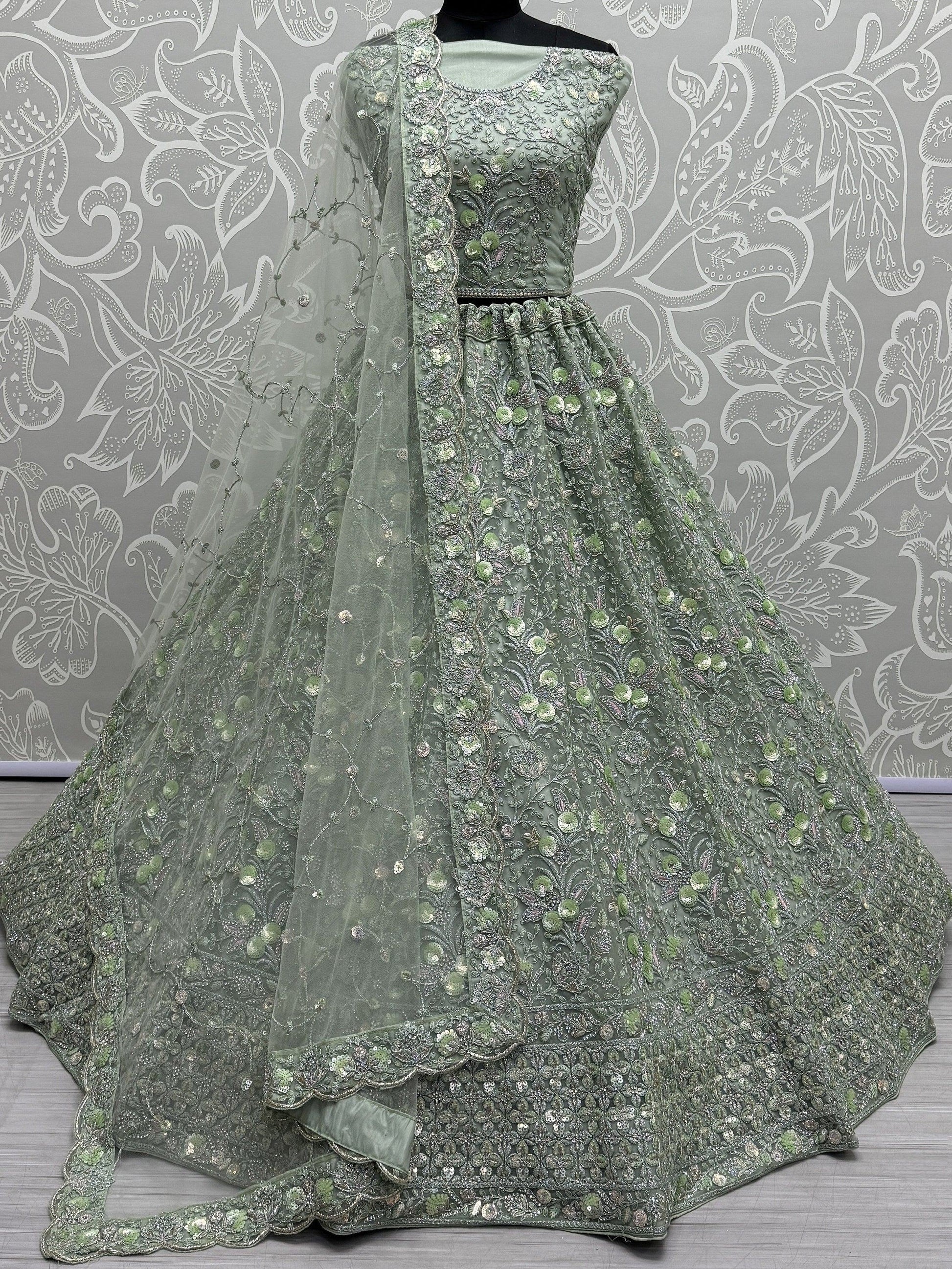 Superb Sea Green Sequins Net Engagement Wear Lehenga Choli With Dupatta