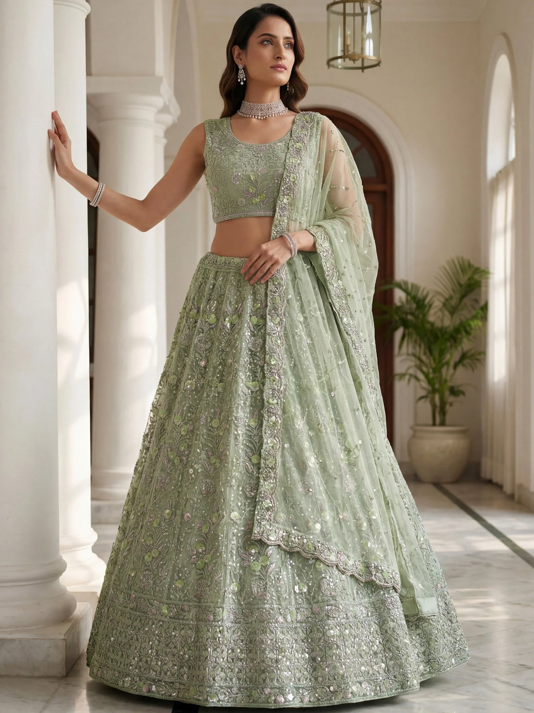 Superb Sea Green Sequins Net Engagement Wear Lehenga Choli With Dupatta
