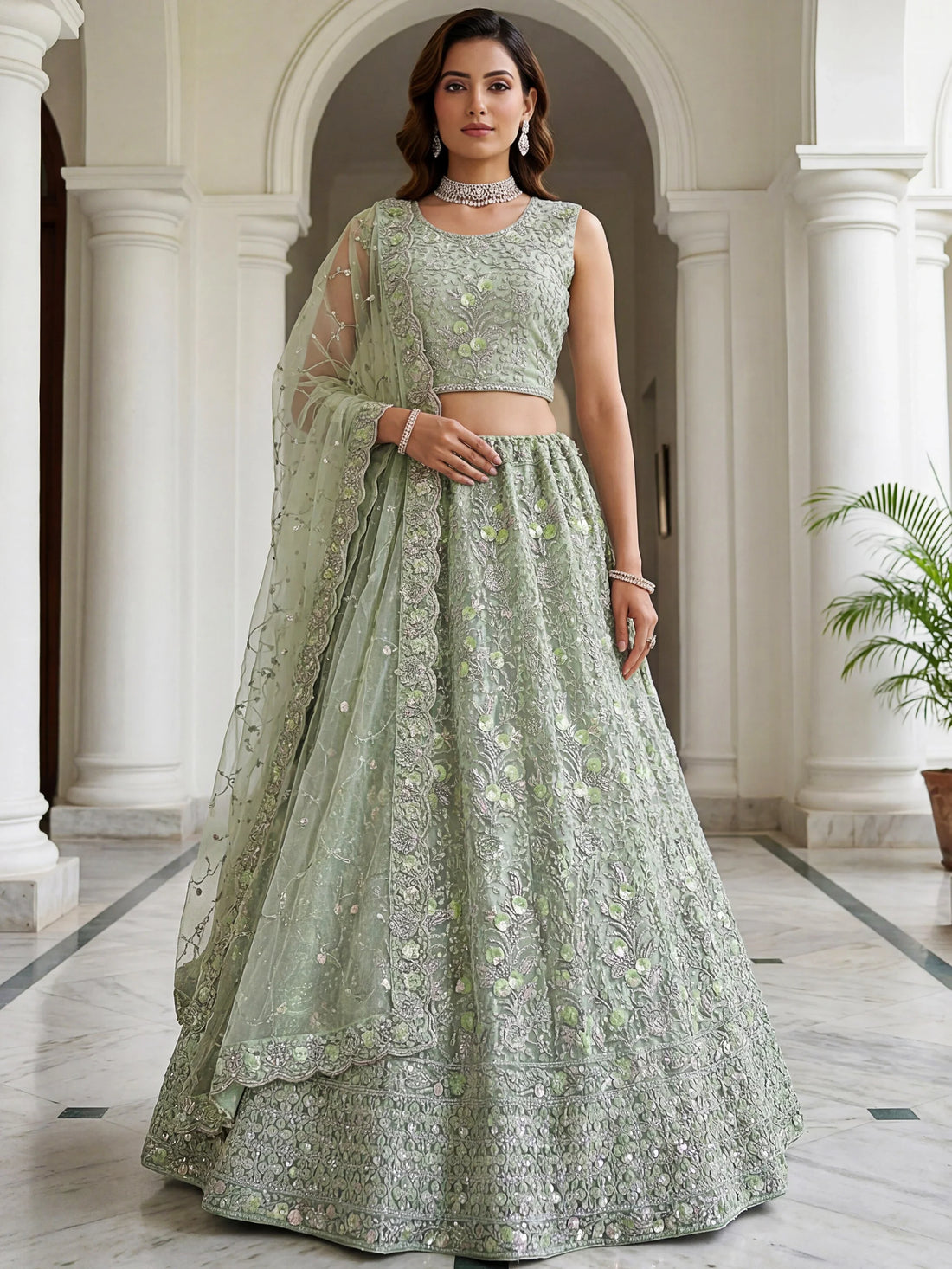 Superb Sea Green Sequins Net Engagement Wear Lehenga Choli With Dupatta