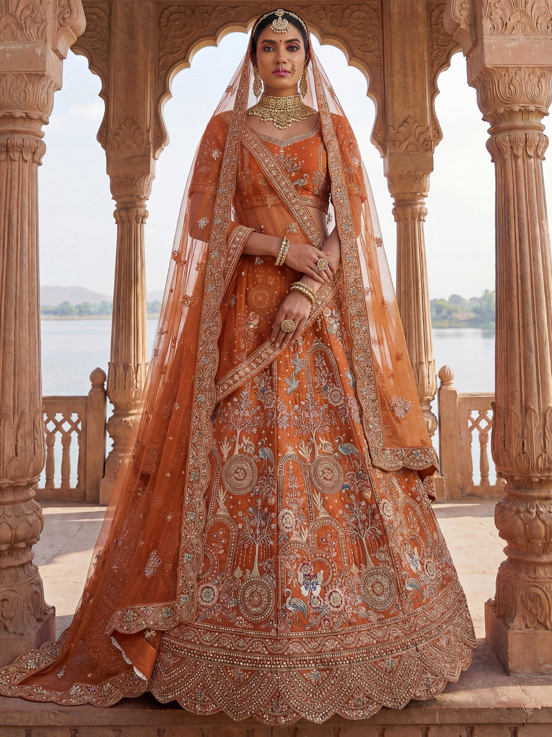 Remarkable Orange Dori Embroidered Silk Bridal Lehenga Choli With Double Dupatta