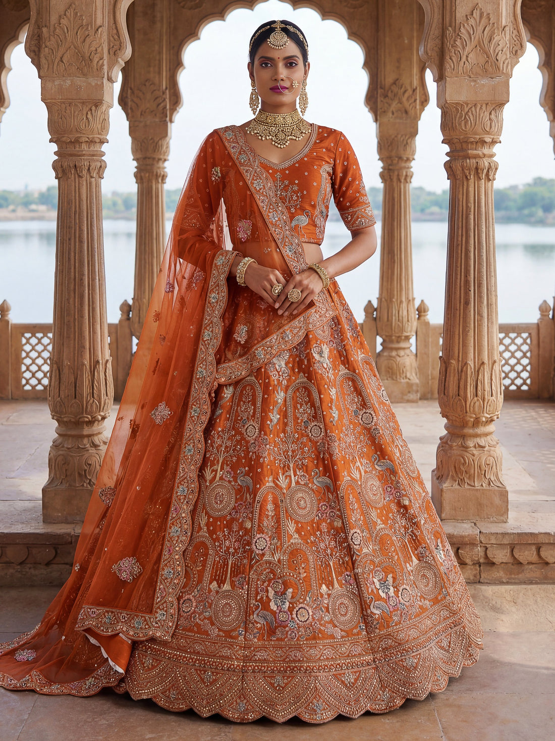 Remarkable Orange Dori Embroidered Silk Bridal Lehenga Choli With Double Dupatta