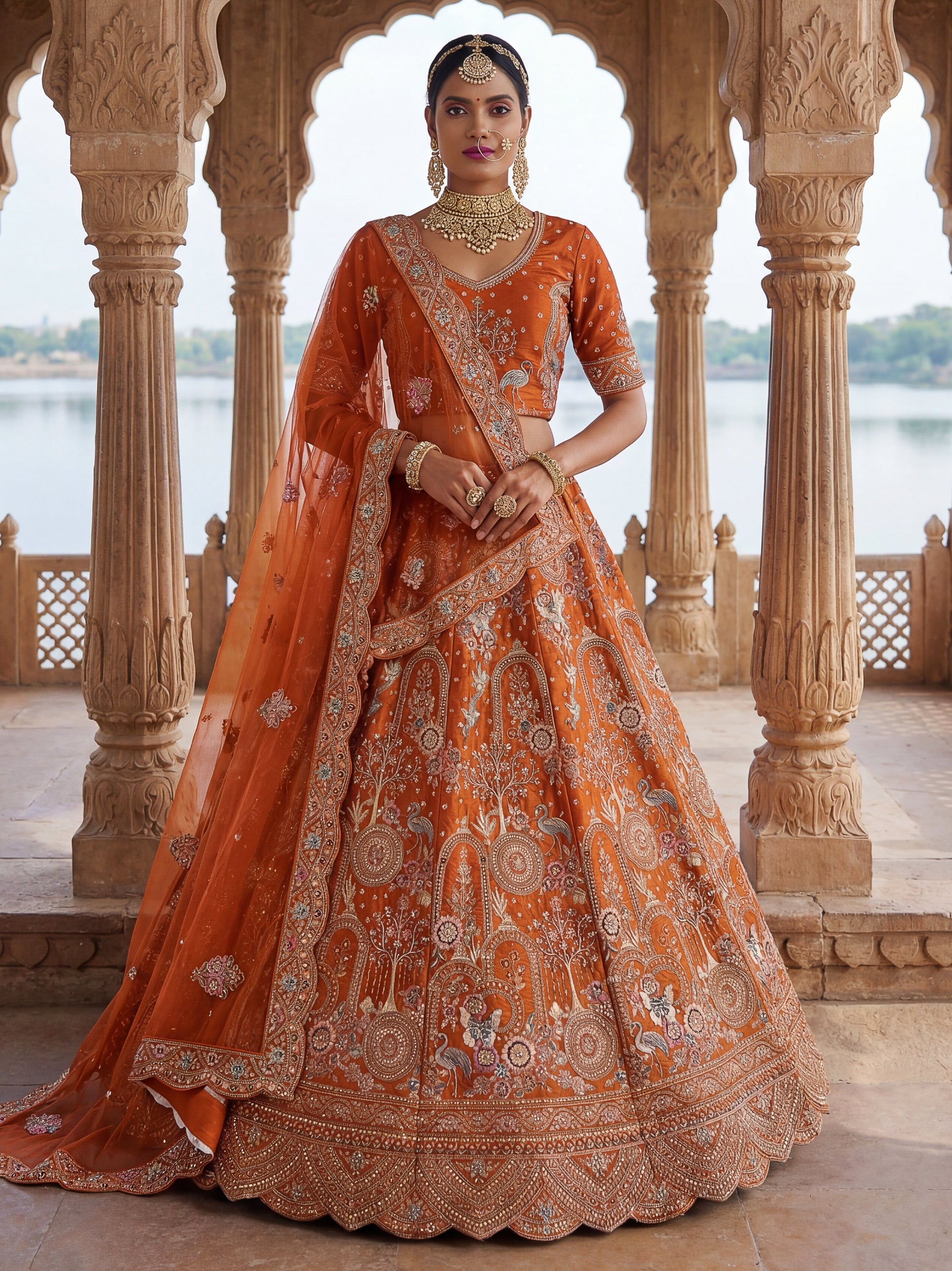 Remarkable Orange Dori Embroidered Silk Bridal Lehenga Choli With Double Dupatta