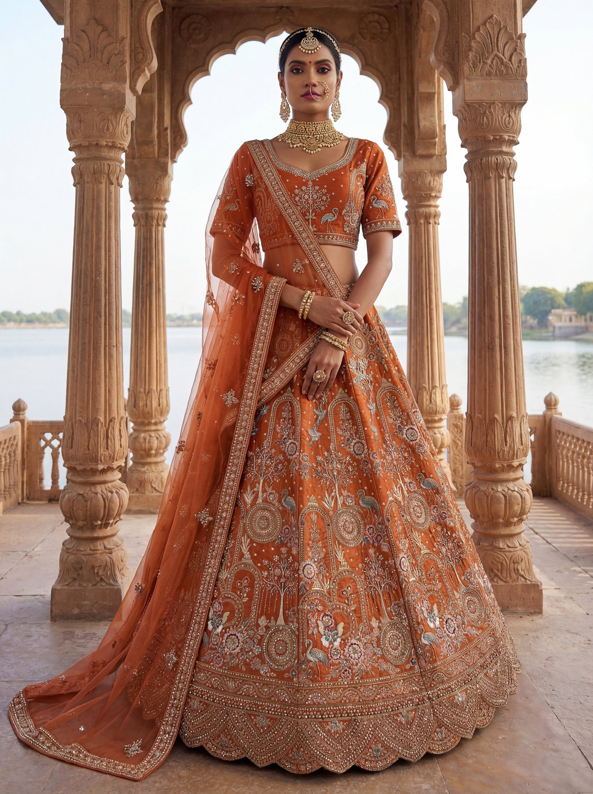 Remarkable Orange Dori Embroidered Silk Bridal Lehenga Choli With Double Dupatta