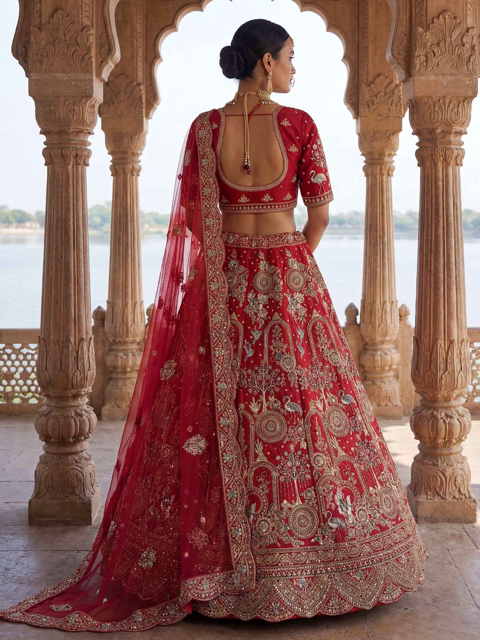 Royal Red Thread Embroidered Silk Bridal Lehenga Choli With Double Dupatta