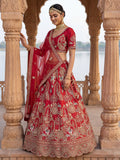 Royal Red Thread Embroidered Silk Bridal Lehenga Choli With Double Dupatta