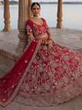 Royal Red Thread Embroidered Silk Bridal Lehenga Choli With Double Dupatta