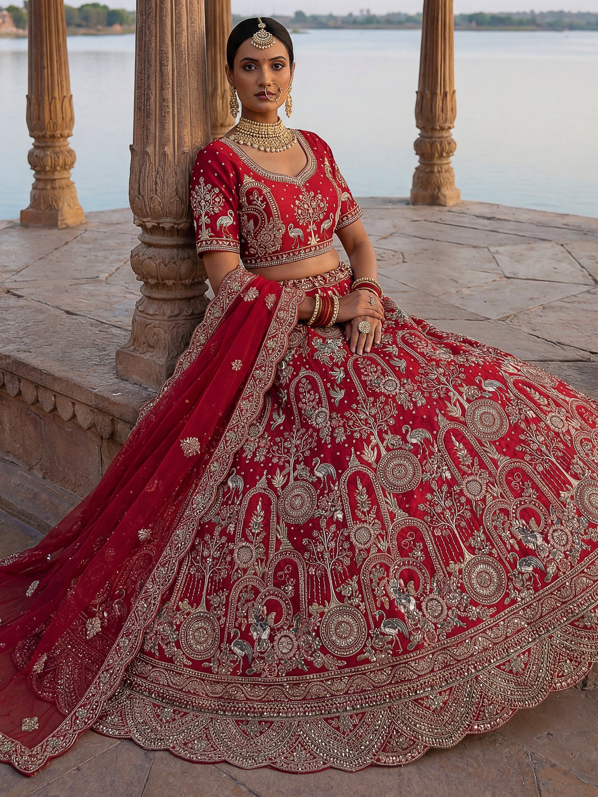 Royal Red Thread Embroidered Silk Bridal Lehenga Choli With Double Dupatta
