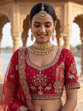 Royal Red Thread Embroidered Silk Bridal Lehenga Choli With Double Dupatta