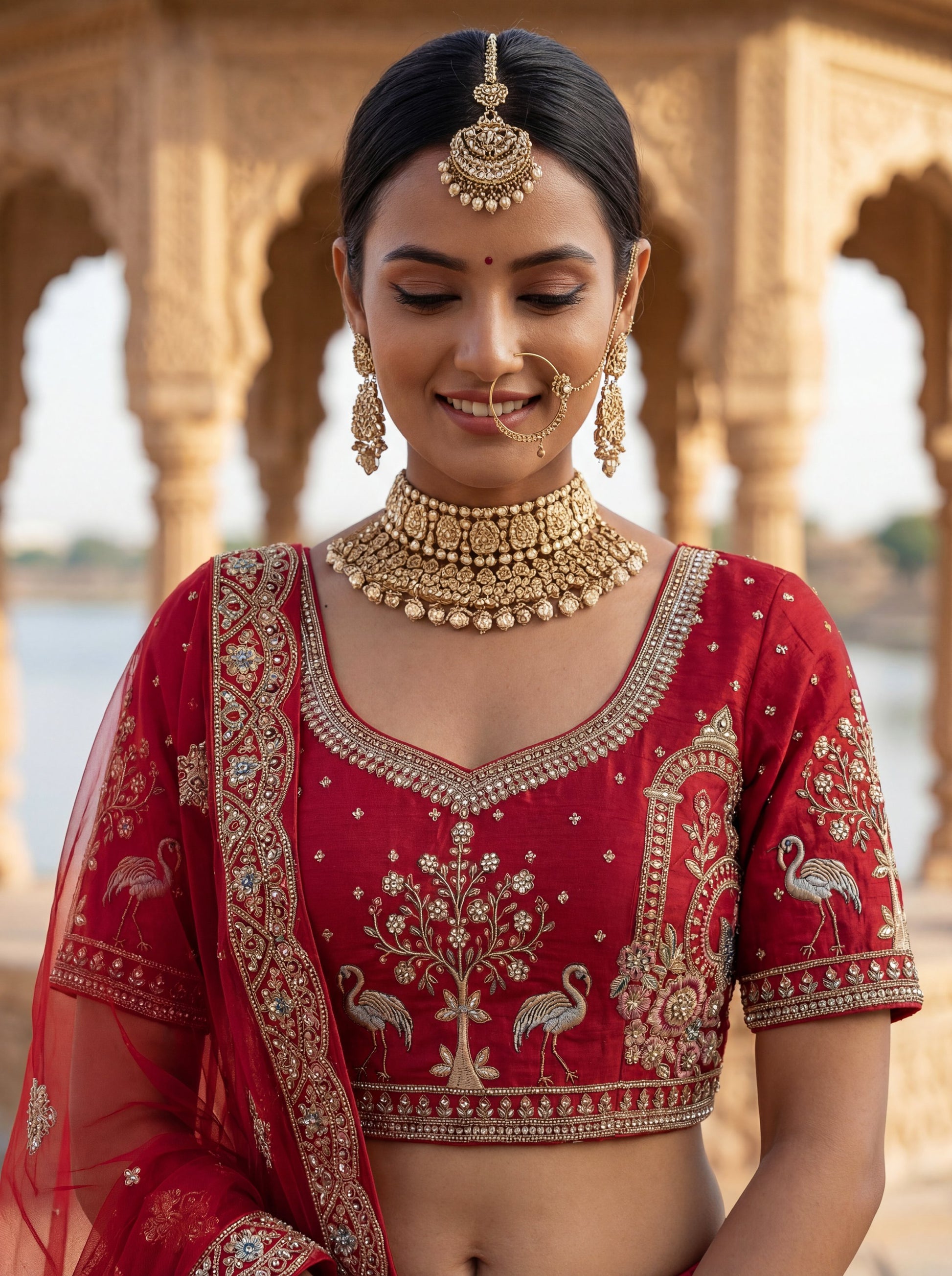 Royal Red Thread Embroidered Silk Bridal Lehenga Choli With Double Dupatta