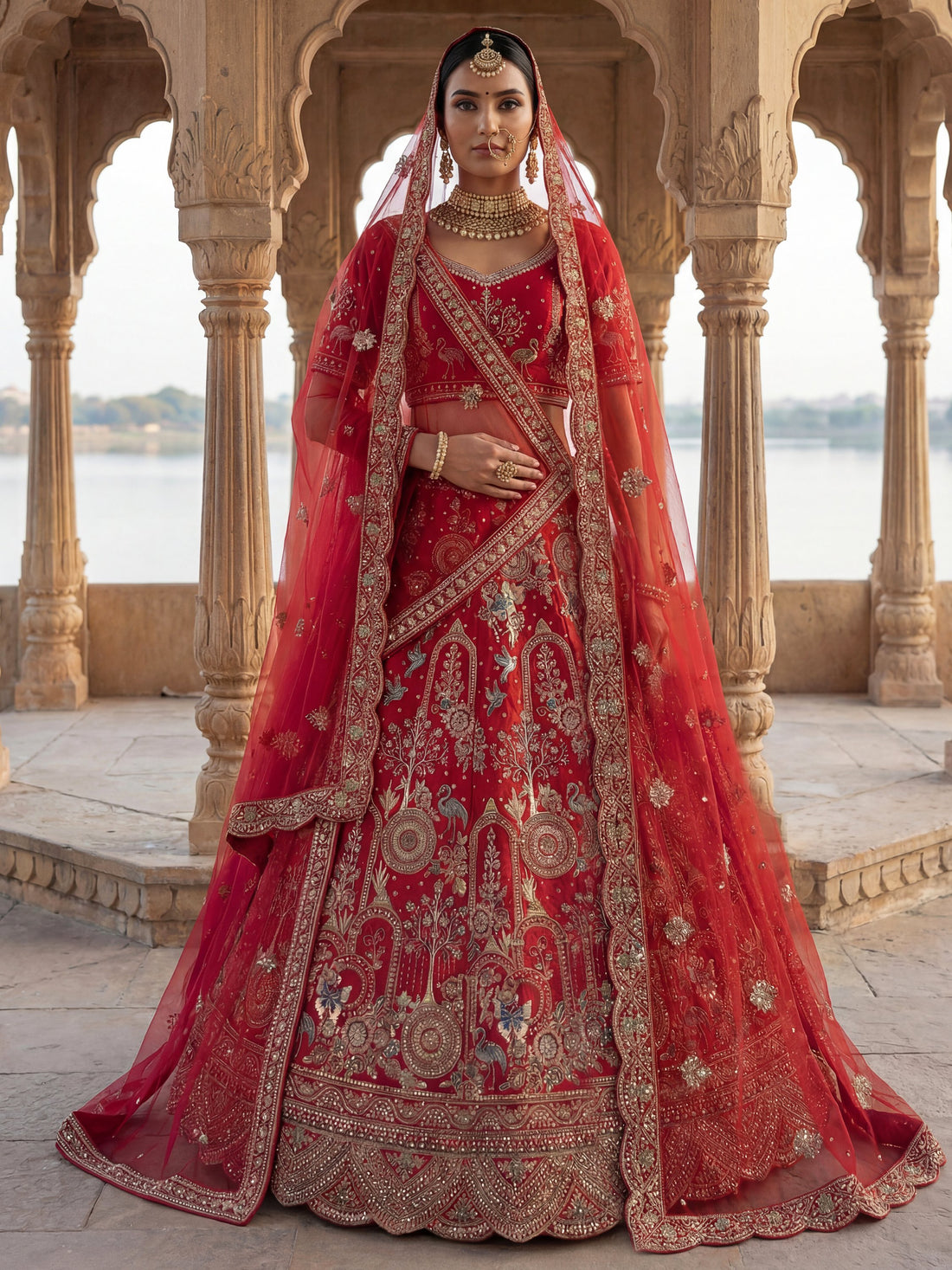 Royal Red Thread Embroidered Silk Bridal Lehenga Choli With Double Dupatta
