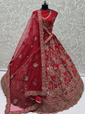 Royal Red Thread Embroidered Silk Bridal Lehenga Choli With Double Dupatta