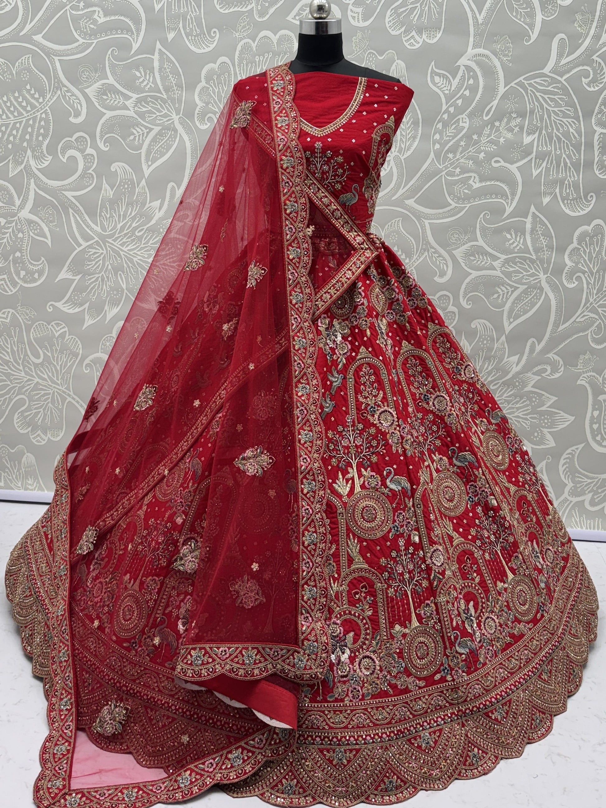 Royal Red Thread Embroidered Silk Bridal Lehenga Choli With Double Dupatta