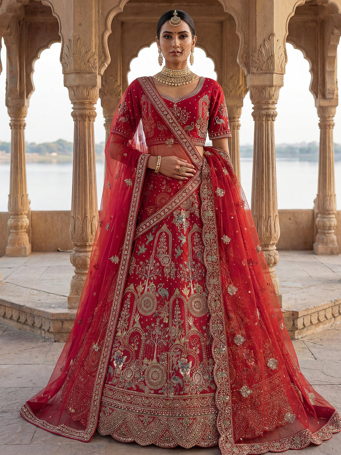 Royal Red Thread Embroidered Silk Bridal Lehenga Choli With Double Dupatta