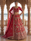 Royal Red Thread Embroidered Silk Bridal Lehenga Choli With Double Dupatta