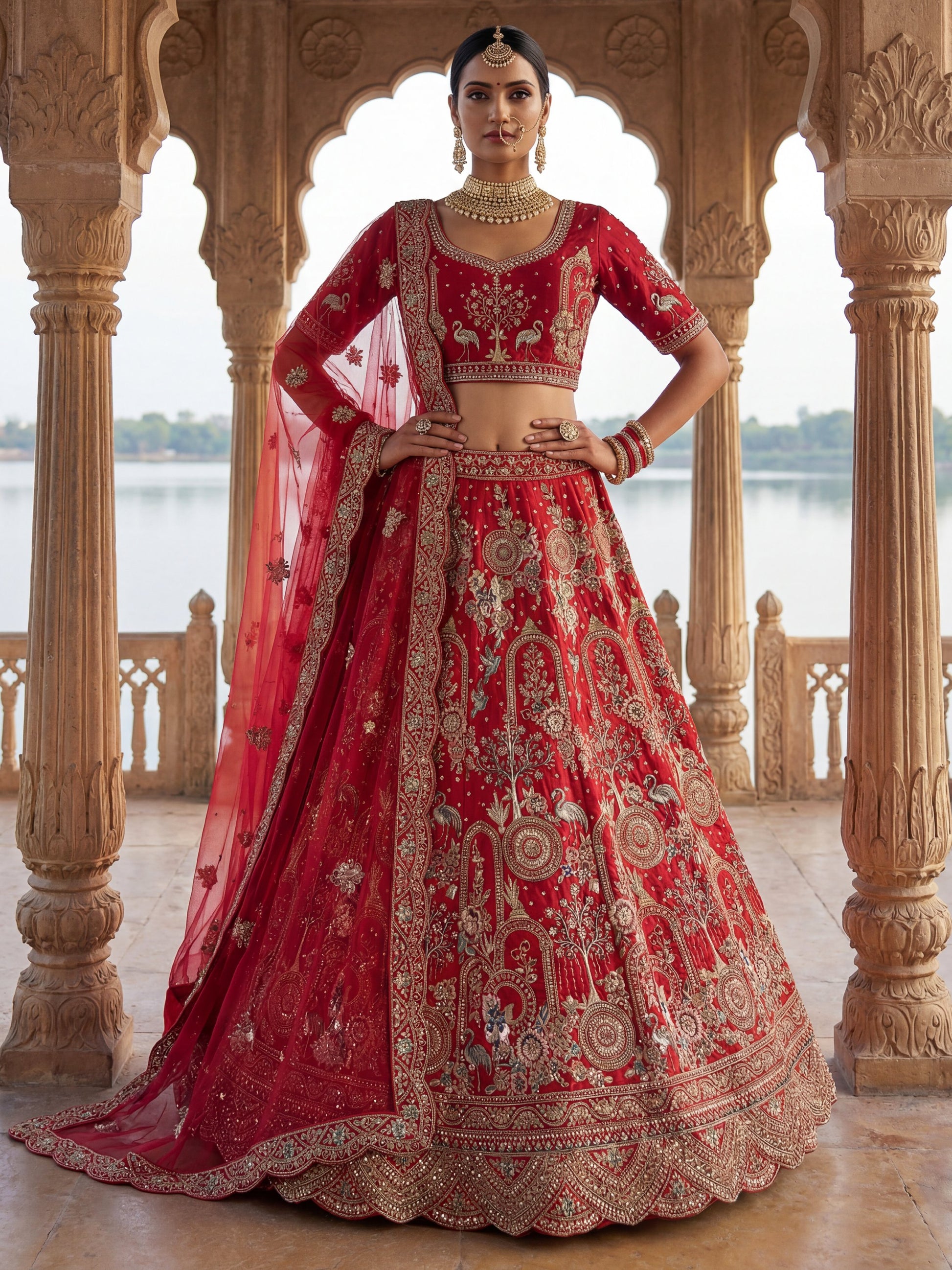 Royal Red Thread Embroidered Silk Bridal Lehenga Choli With Double Dupatta