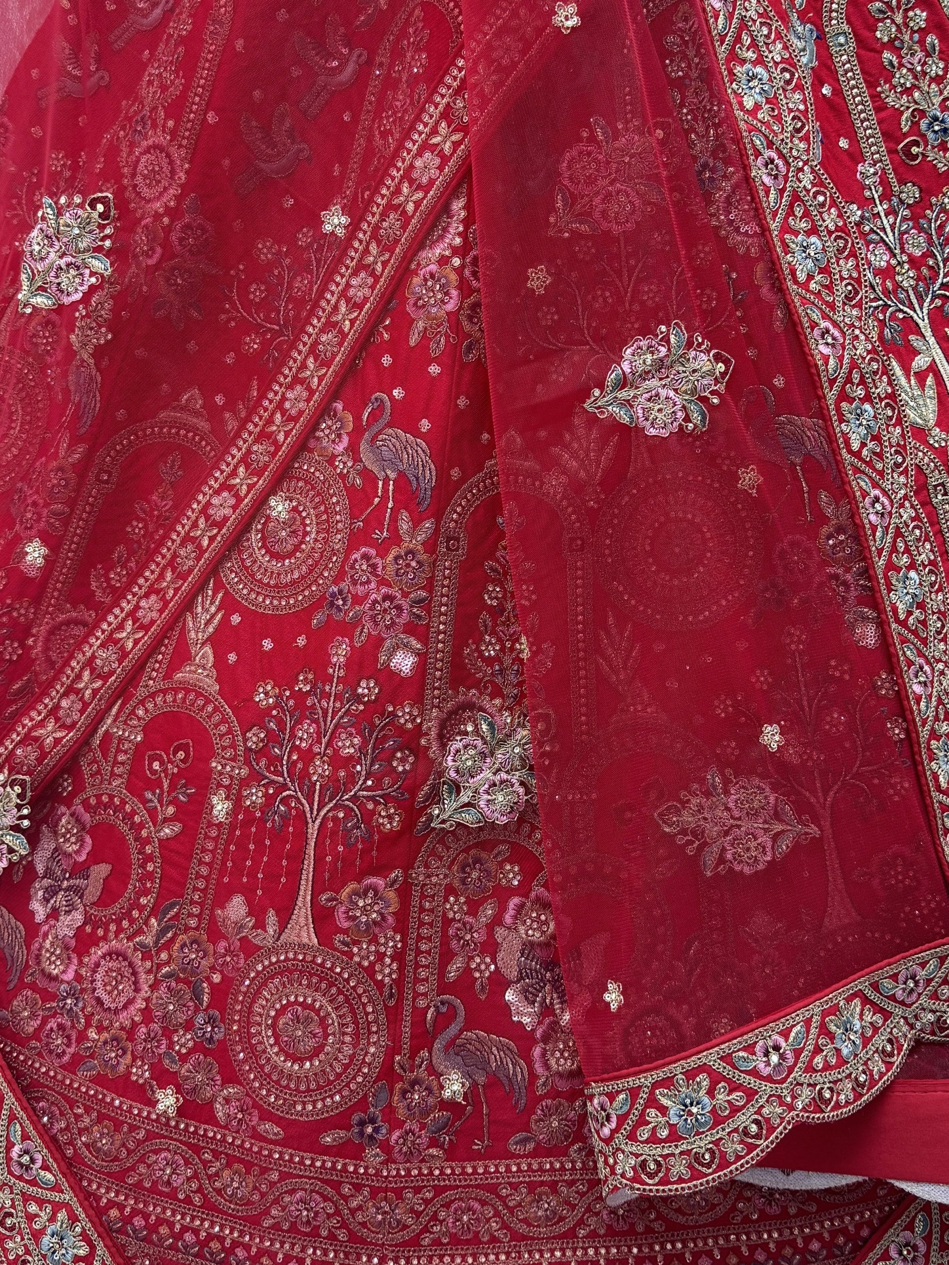 Royal Red Thread Embroidered Silk Bridal Lehenga Choli With Double Dupatta