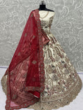 Luxurious Cream Heavy Embroidered Silk Bridal Lehenga Choli With Double Dupatta