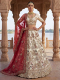Luxurious Cream Heavy Embroidered Silk Bridal Lehenga Choli With Double Dupatta