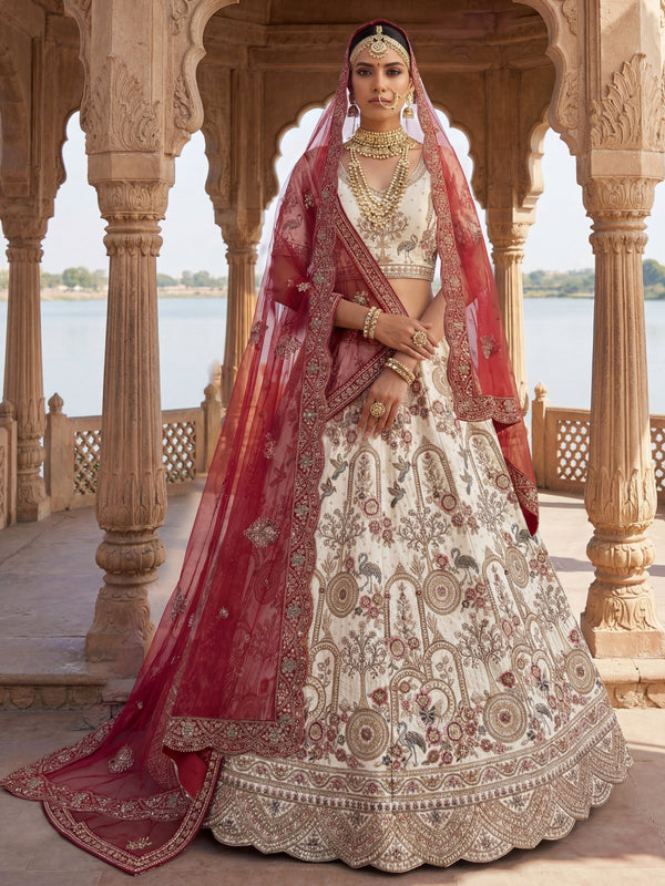 Luxurious Cream Heavy Embroidered Silk Bridal Lehenga Choli With Double Dupatta