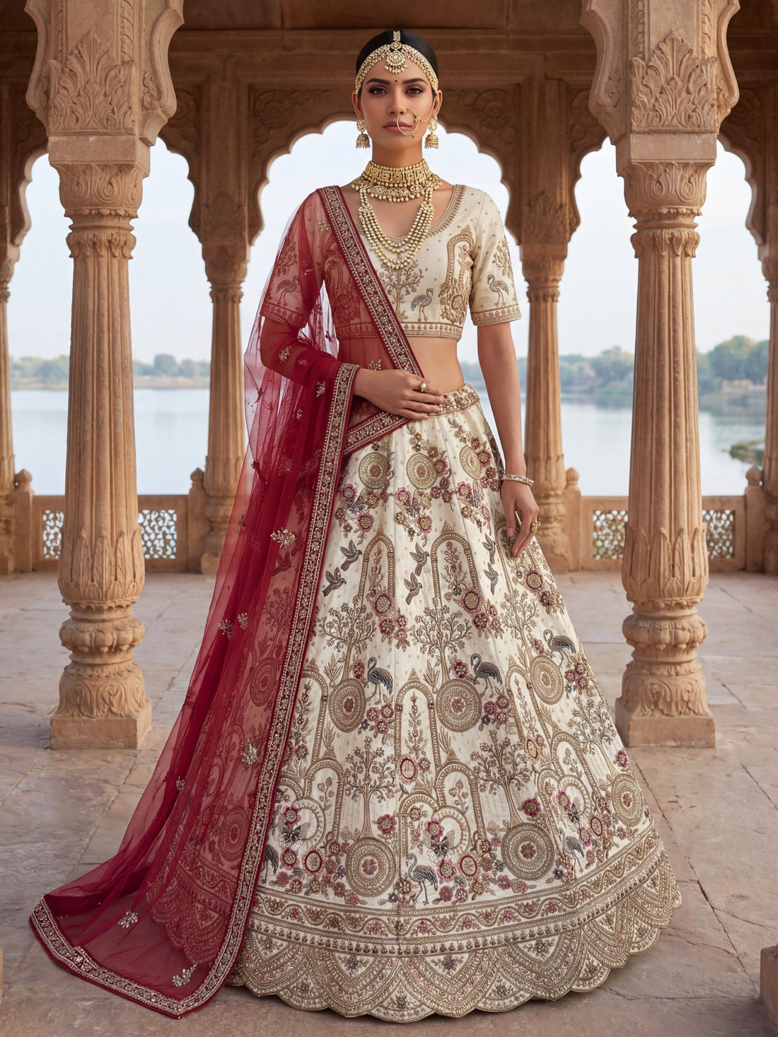 Luxurious Cream Heavy Embroidered Silk Bridal Lehenga Choli With Double Dupatta