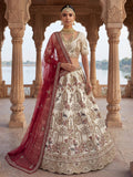 Luxurious Cream Heavy Embroidered Silk Bridal Lehenga Choli With Double Dupatta