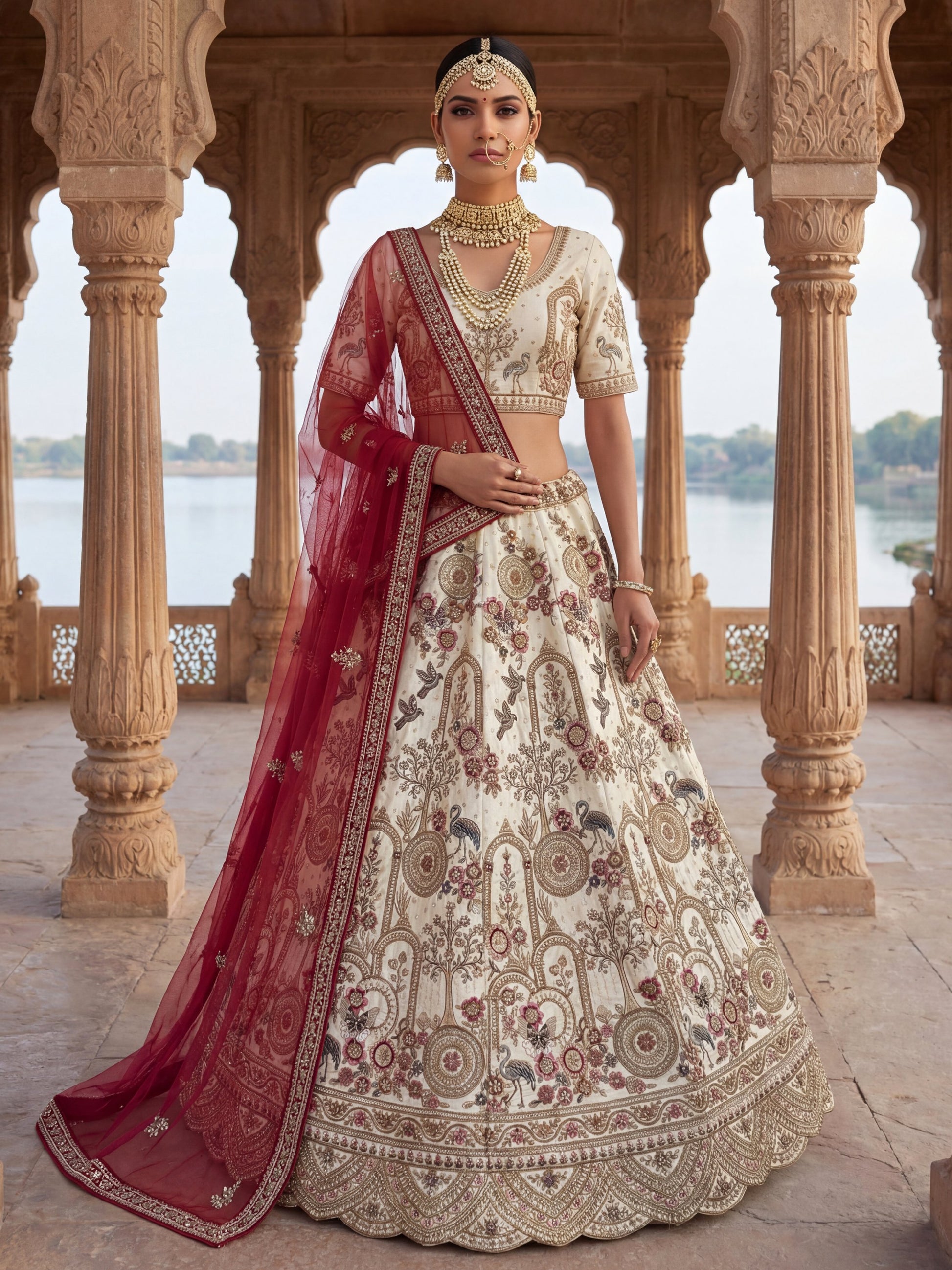 Luxurious Cream Heavy Embroidered Silk Bridal Lehenga Choli With Double Dupatta