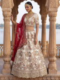 Luxurious Cream Heavy Embroidered Silk Bridal Lehenga Choli With Double Dupatta