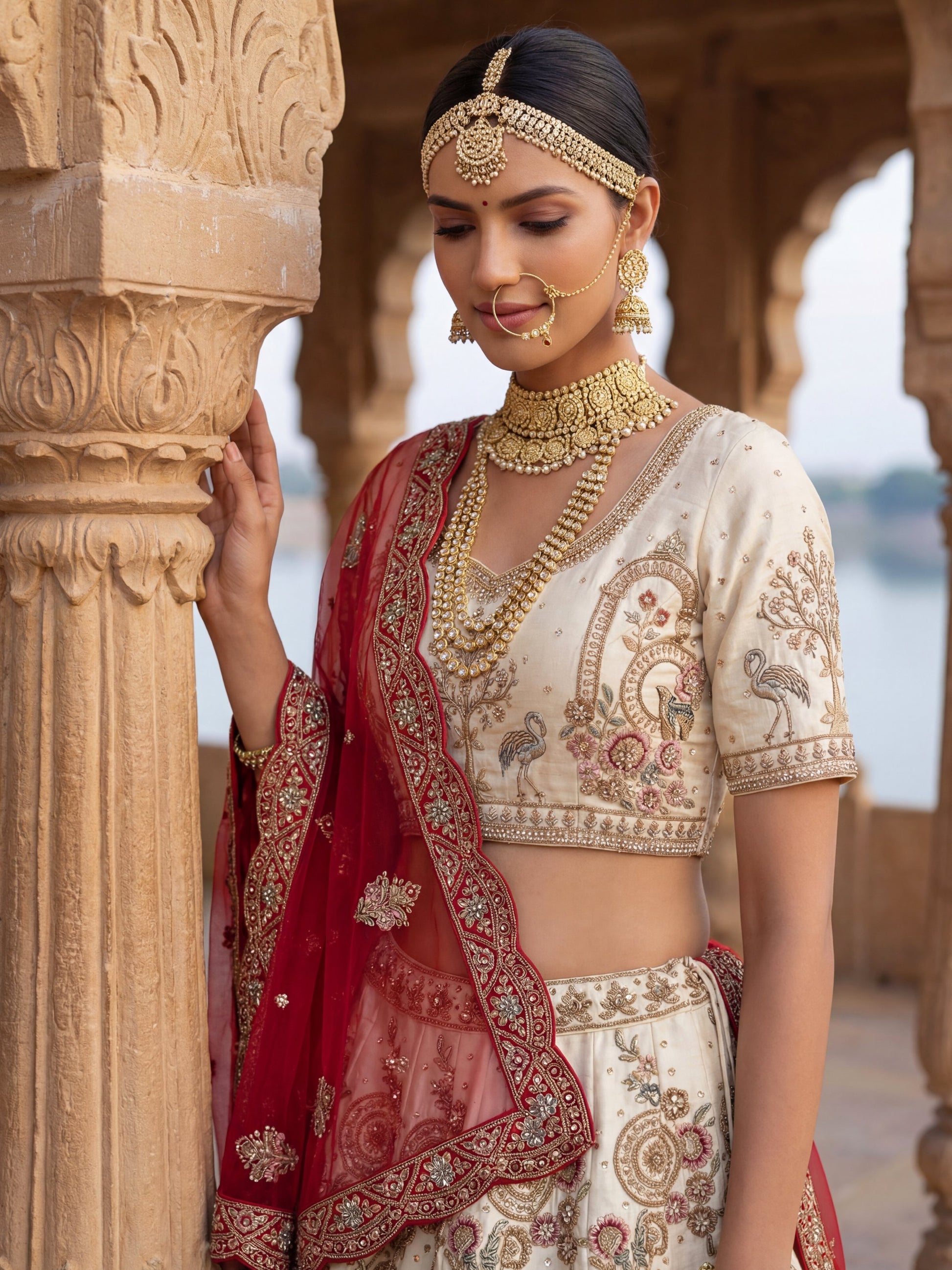 Luxurious Cream Heavy Embroidered Silk Bridal Lehenga Choli With Double Dupatta