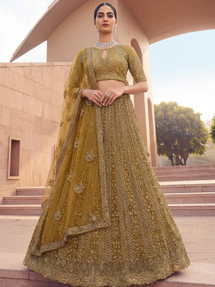 Beautiful Golden Heavy Embroidered Net Bridal Lehenga Choli With Dupatta