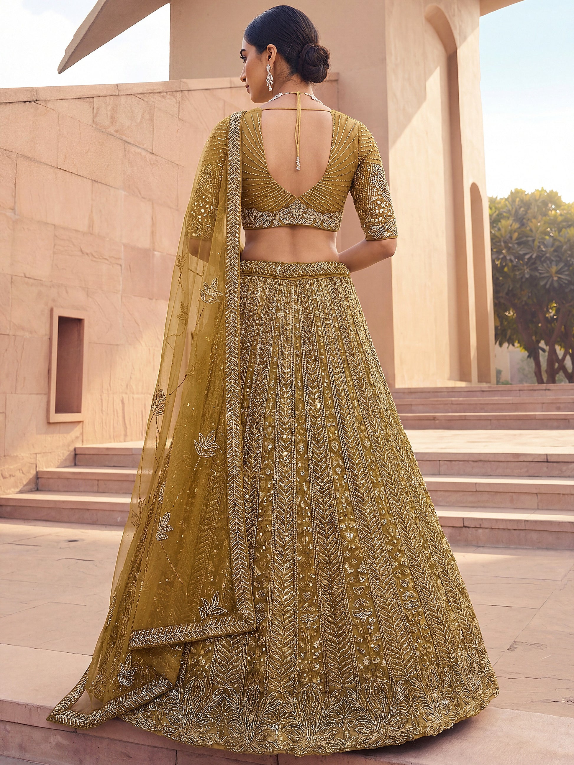 Beautiful Golden Heavy Embroidered Net Bridal Lehenga Choli With Dupatta