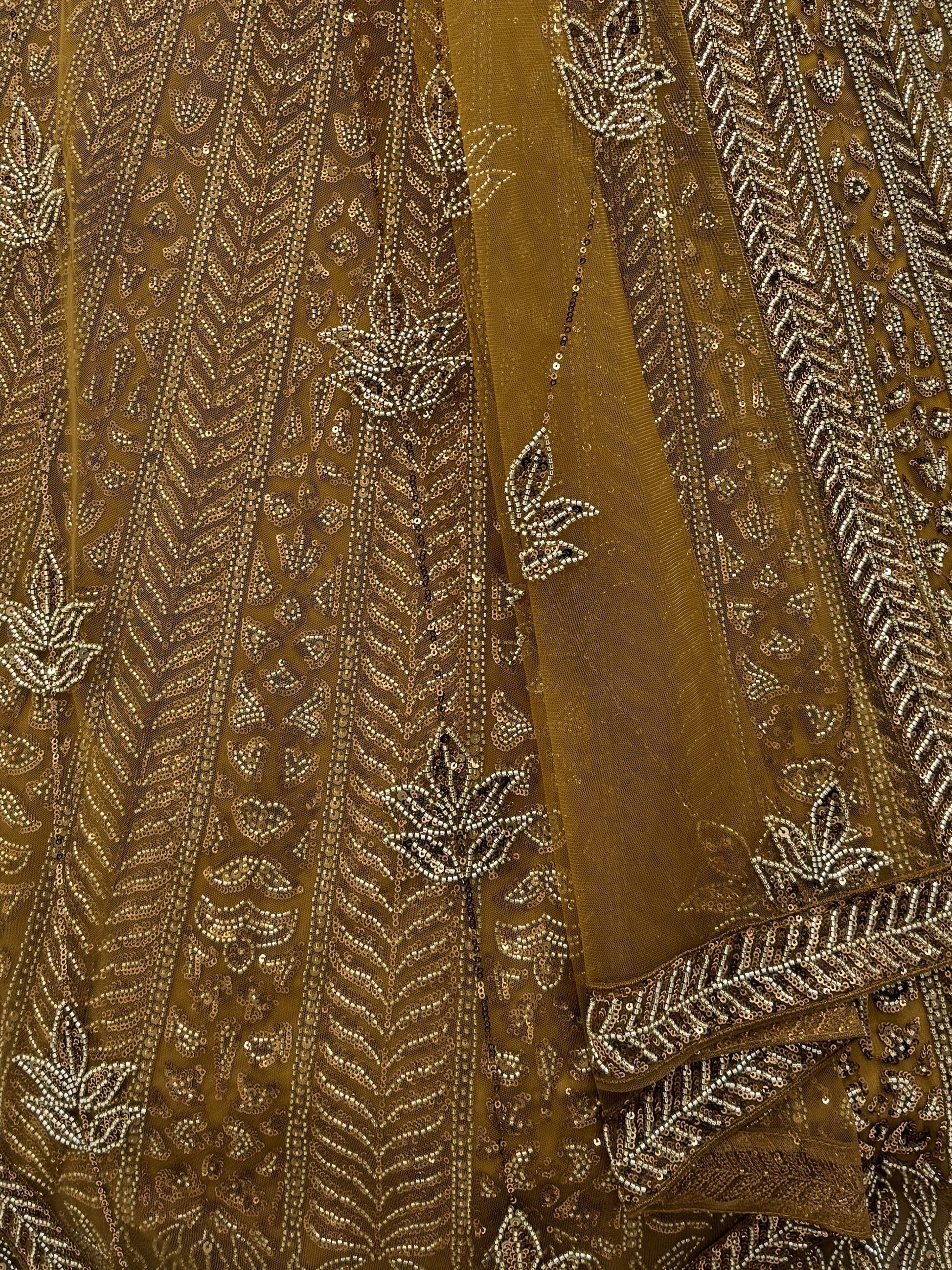 Beautiful Golden Heavy Embroidered Net Bridal Lehenga Choli With Dupatta